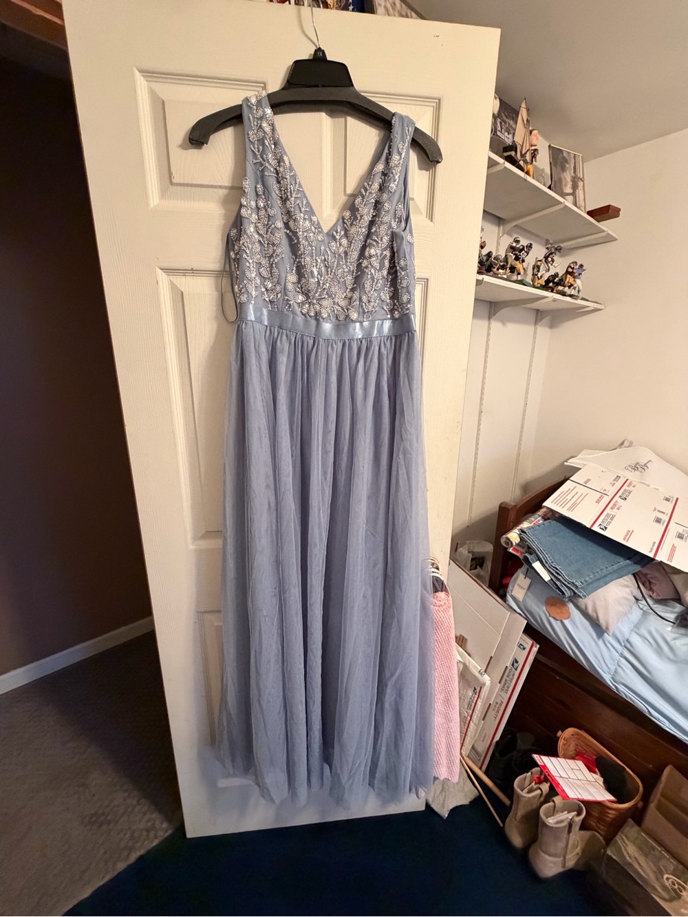 Elegant Light Blue Embellished V-Neck Maxi Dress